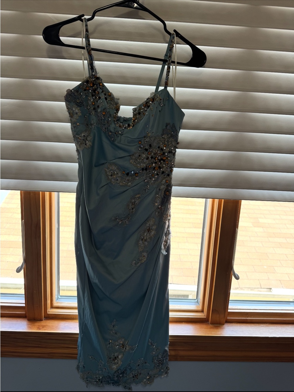 Beaded Light Blue Spaghetti-Strap Midi Dress